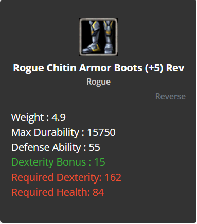 Rogue Chitin Armor Boots +5 (Reverse)